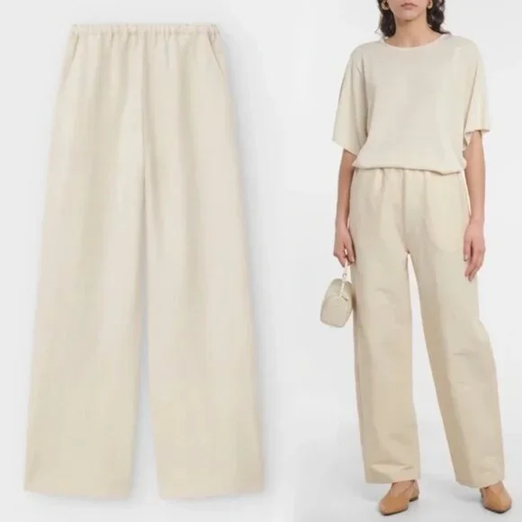 TOTEME Stretch Linen Wide-Leg Slacks Trousers in Cava Beige Size EU 34 US 2